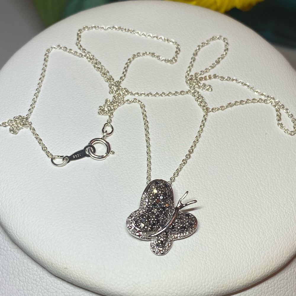 Paved Black Diamond Silver Butterfly Necklace